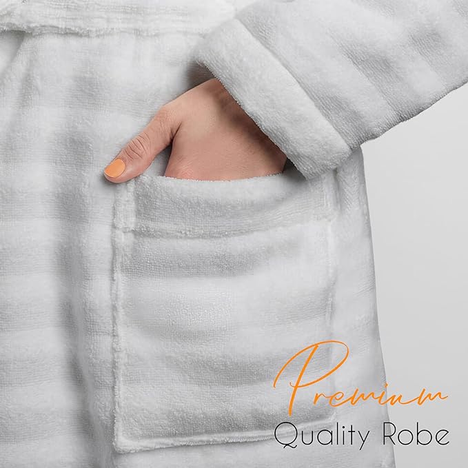 Women's Hydro Ribbed Ultra Soft 100% Cotton Hooded Bath Robes with Pockets and Belt Luxury Terry Towelling Loungewear Sleepwear in White and Grey