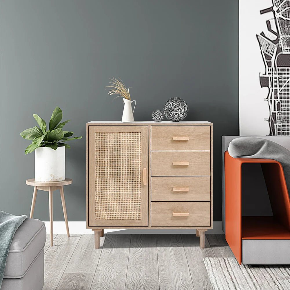 Wood and Rattan Accent Side Cabinet