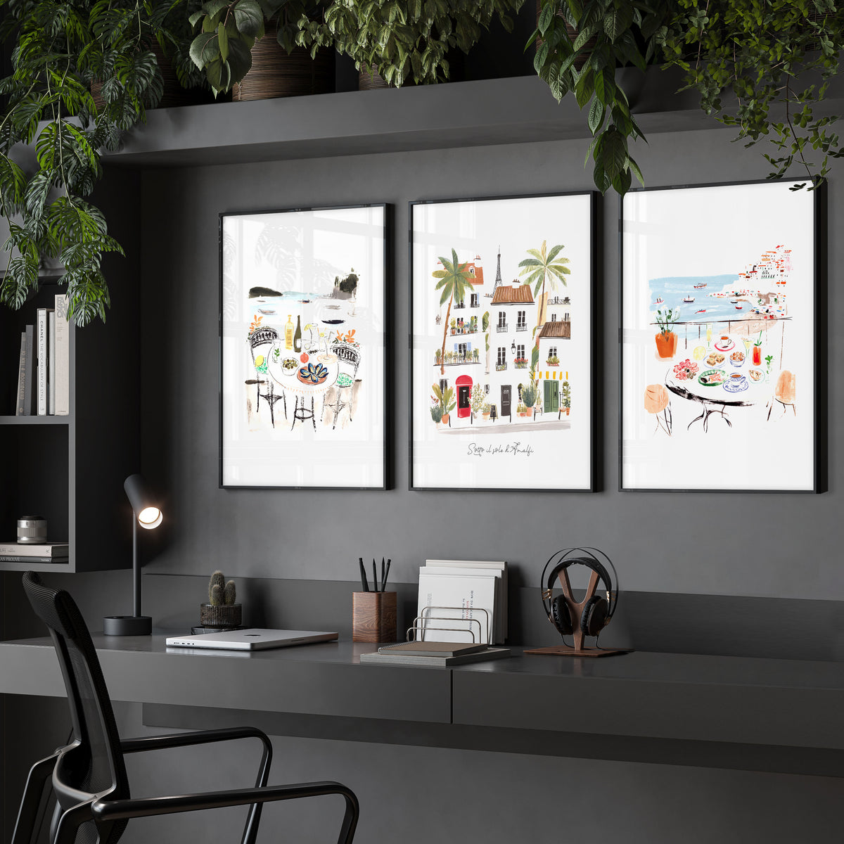 Work Office Wall Art Mediterranean Coastal Café Scenes "Sotto il sole d'Amalfi" displayed on a wall in a styled room