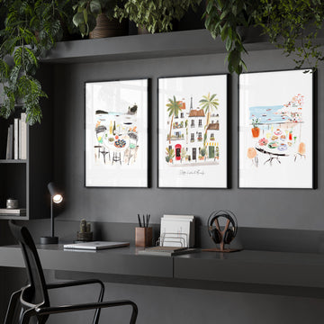 Work Office Wall Art Mediterranean Coastal Café Scenes "Sotto il sole d'Amalfi" displayed on a wall in a styled room