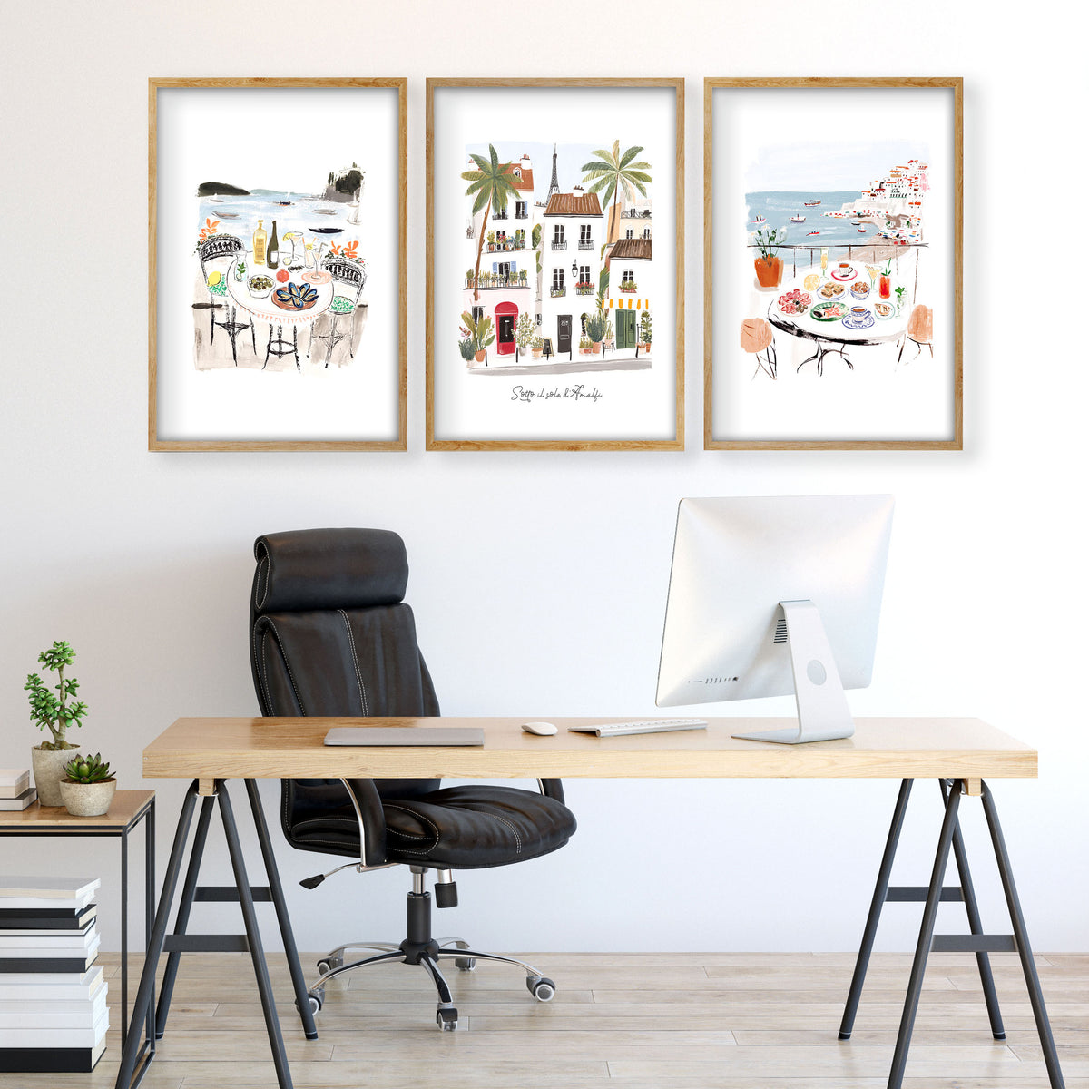 Work Office Wall Art Mediterranean Coastal Café Scenes "Sotto il sole d'Amalfi" displayed on a wall in a styled room — view 2