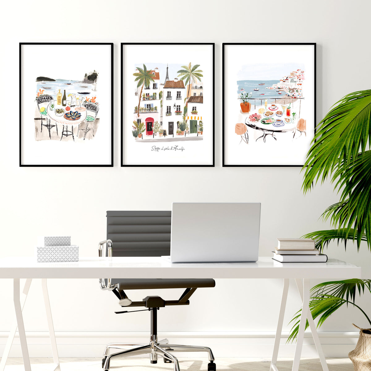Work Office Wall Art Mediterranean Coastal Café Scenes "Sotto il sole d'Amalfi" displayed on a wall in a styled room — view 3