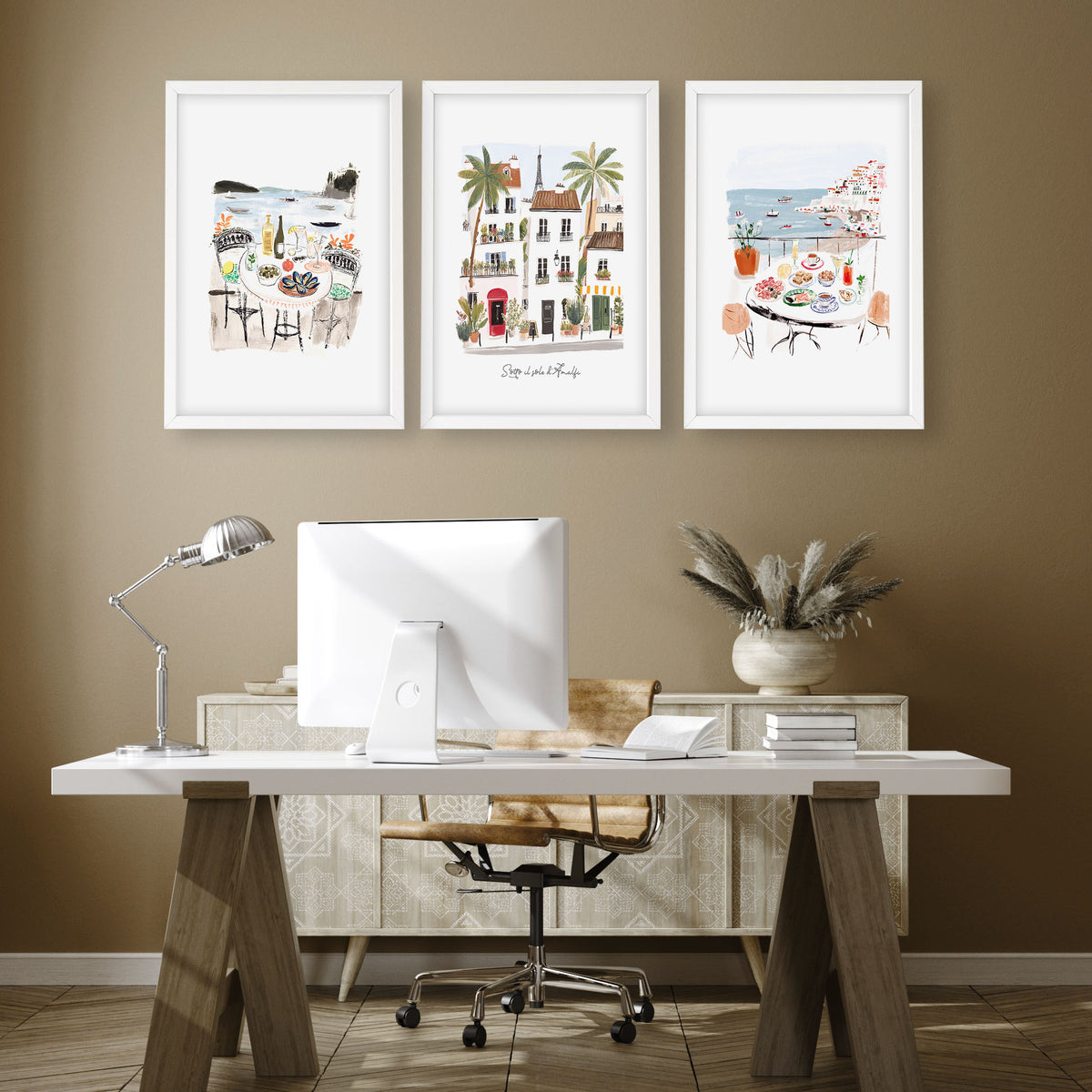 Work Office Wall Art Mediterranean Coastal Café Scenes "Sotto il sole d'Amalfi" displayed on a wall in a styled room — view 4