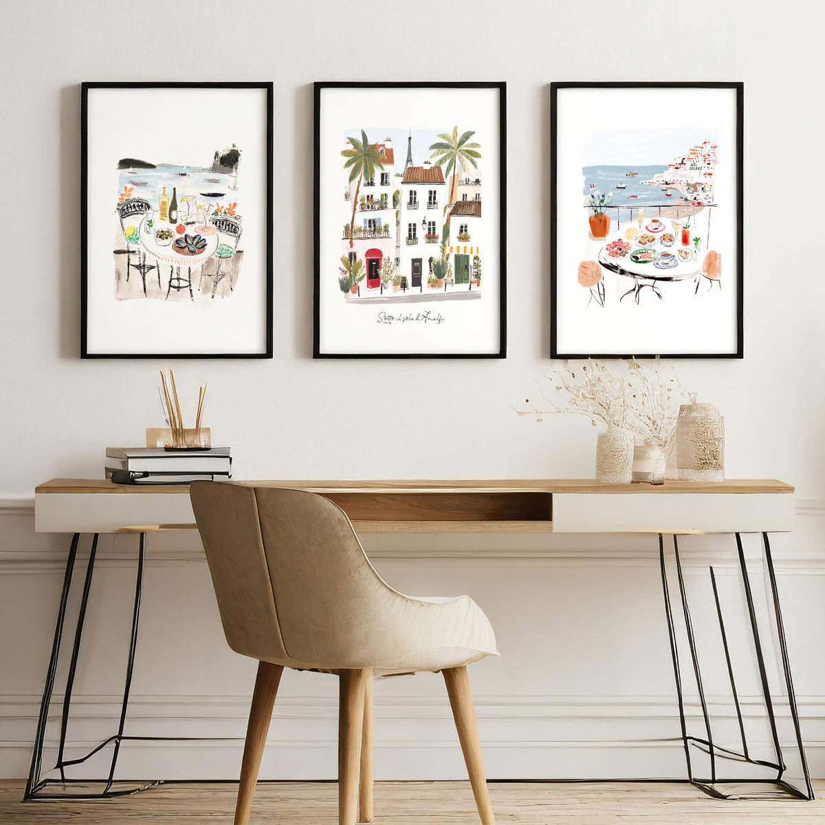 Work Office Wall Art Mediterranean Coastal Café Scenes "Sotto il sole d'Amalfi" displayed on a wall in a styled room — view 5