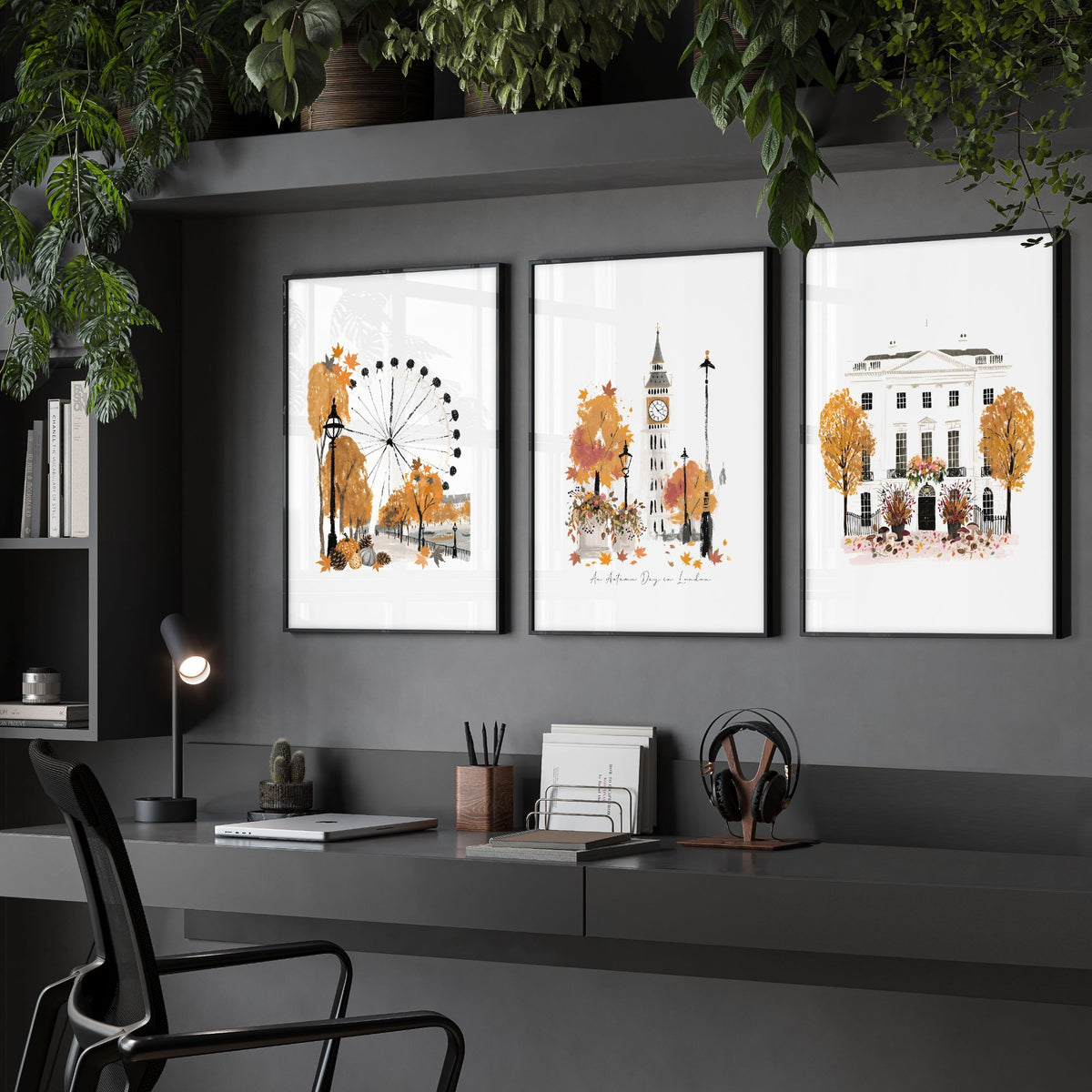 Work Office Wall Decor "An Autumn Day in London" Travel Art wall art displayed on a wall in a styled room