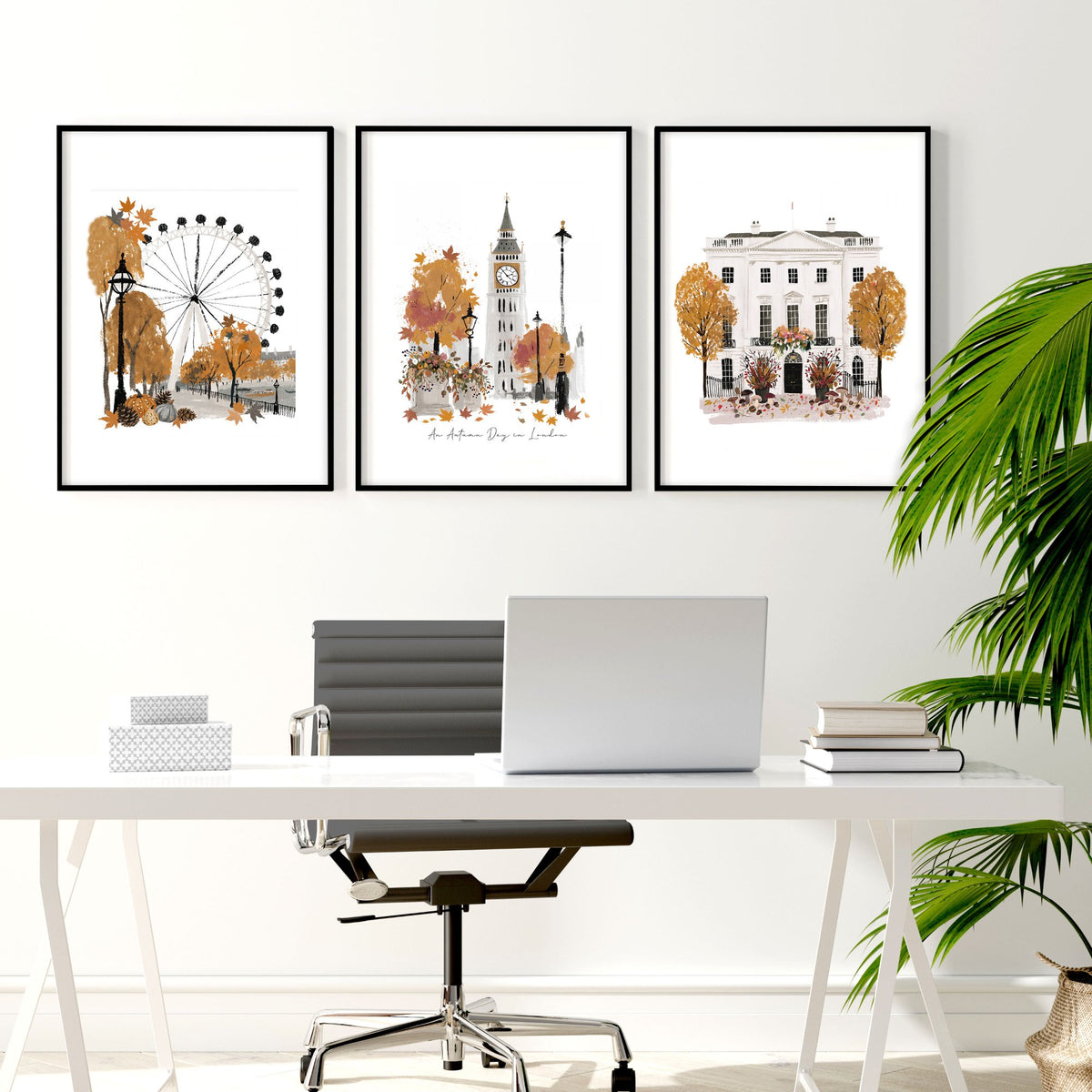Work Office Wall Decor "An Autumn Day in London" Travel Art wall art displayed on a wall in a styled room — view 3
