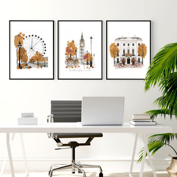 Work Office Wall Decor "An Autumn Day in London" Travel Art wall art displayed on a wall in a styled room — view 3