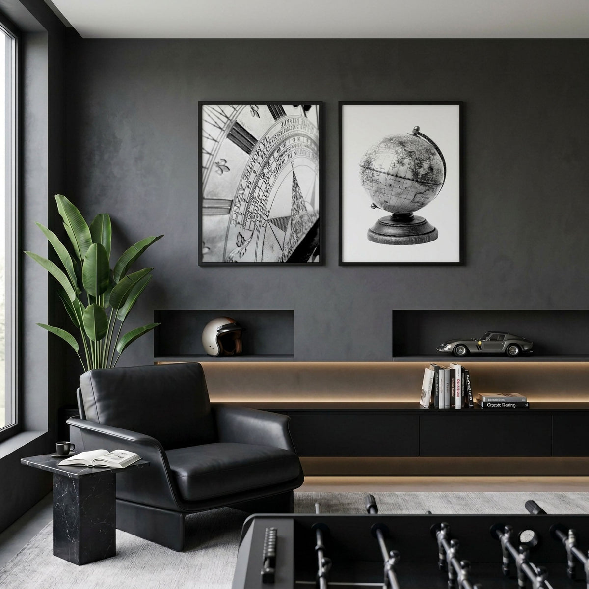 Vintage World Map Canvas | Antique Globe & Sundial Art wall art displayed on a wall in a styled room — view 5