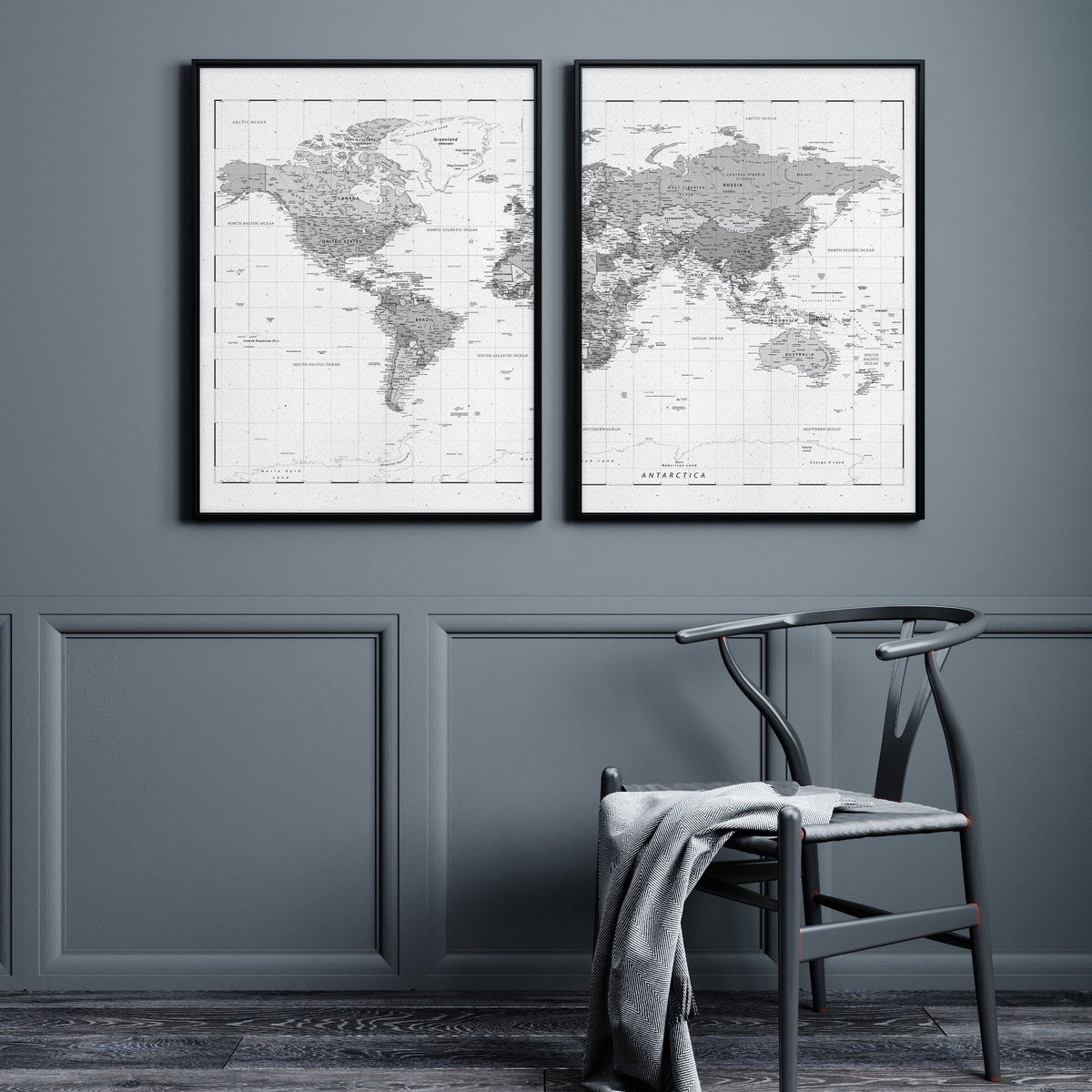 World Map wall art Grey Detailed Cartography Diptych displayed on a wall in a styled room — view 2