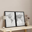 World Map wall art Grey Detailed Cartography Diptych displayed on a wall in a styled room — view 3
