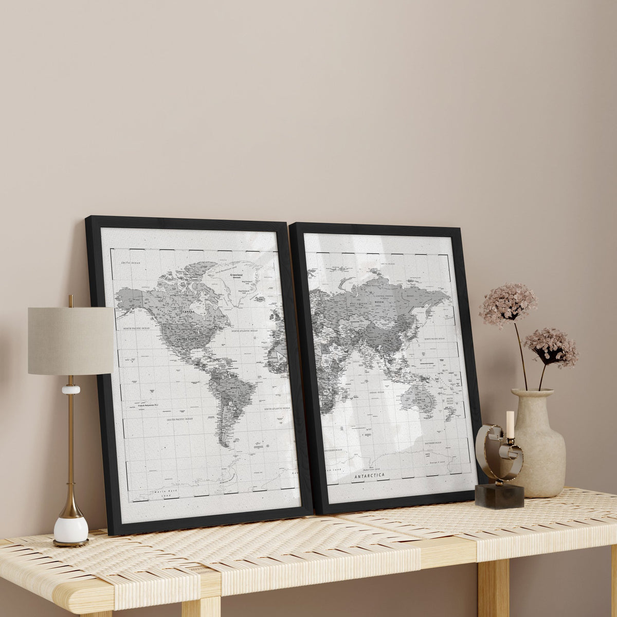 World Map wall art Grey Detailed Cartography Diptych displayed on a wall in a styled room — view 3