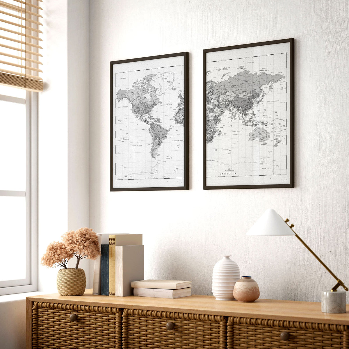 World Map wall art Grey Detailed Cartography Diptych displayed on a wall in a styled room — view 4