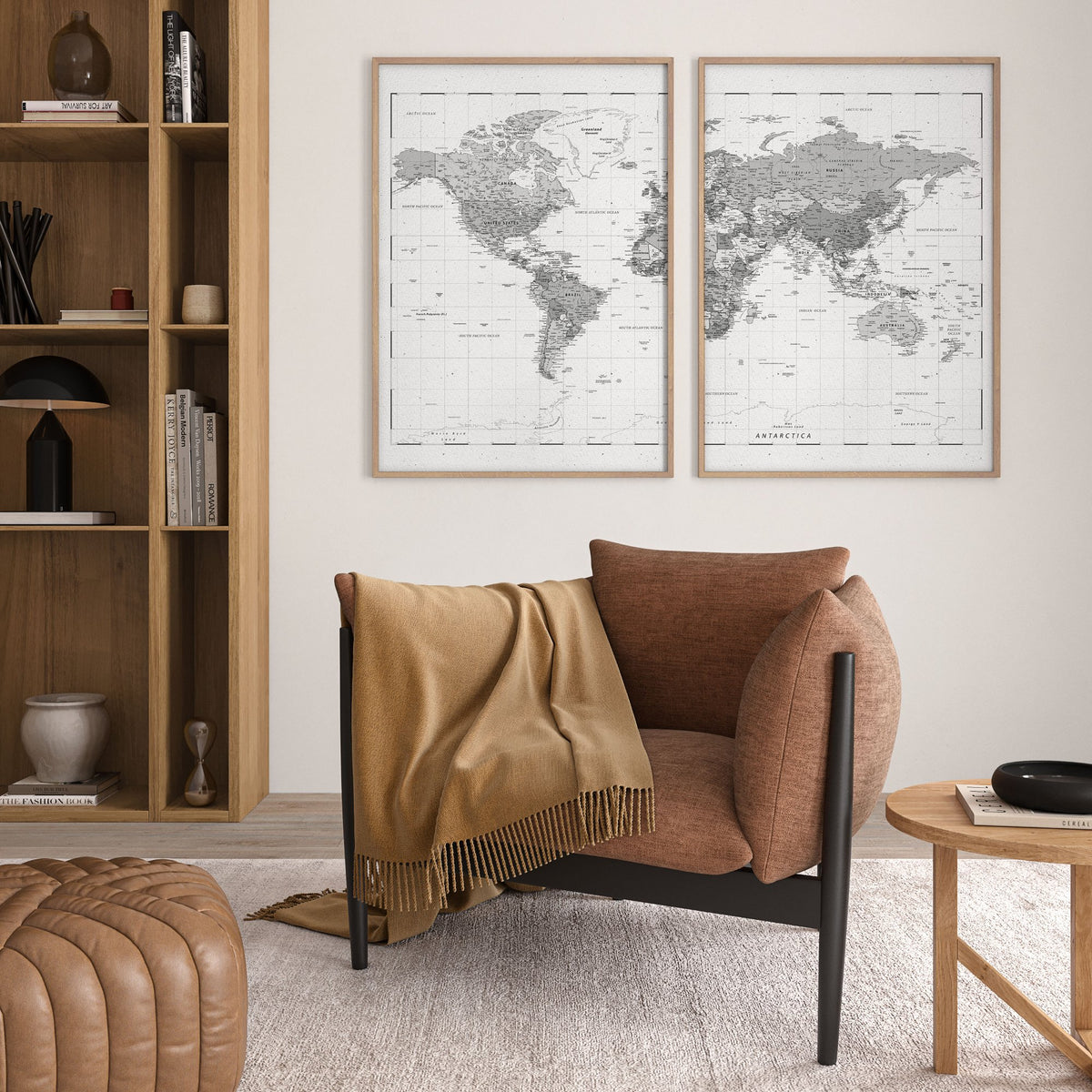 World Map wall art Grey Detailed Cartography Diptych displayed on a wall in a styled room — view 5