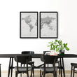 World Map Wall Art Vintage Grey Detailed Cartography Diptych displayed on a wall in a styled room