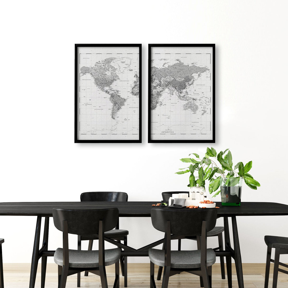 World Map Wall Art Vintage Grey Detailed Cartography Diptych displayed on a wall in a styled room