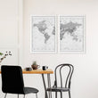 World Map Wall Art Vintage Grey Detailed Cartography Diptych displayed on a wall in a styled room — view 2