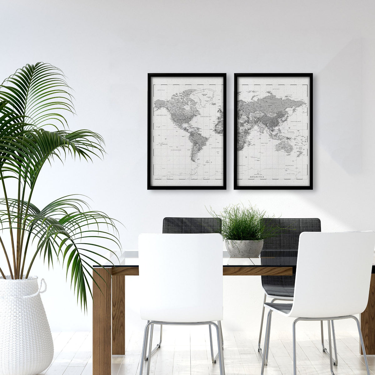 World Map Wall Art Vintage Grey Detailed Cartography Diptych displayed on a wall in a styled room — view 3