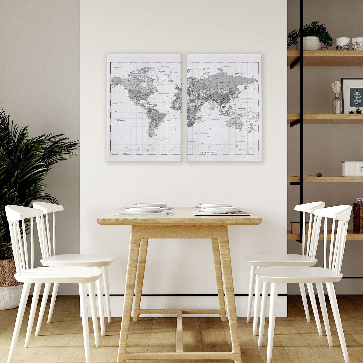 World Map Wall Art Vintage Grey Detailed Cartography Diptych displayed on a wall in a styled room — view 4