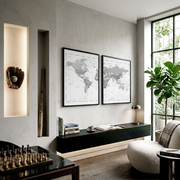World Map Wall Decor Grey Vintage Cartography Art wall art displayed on a wall in a styled room