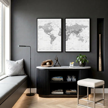 World Map Wall Decor Grey Vintage Cartography Art wall art displayed on a wall in a styled room — view 2