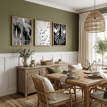 Zebra wall art Black & White Wildlife wall art | Elephants, Birds & Zebra Stripes displayed on a wall in a styled room — view 2