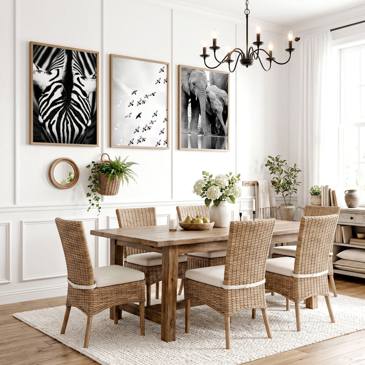 Zebra wall art Black & White Wildlife wall art | Elephants, Birds & Zebra Stripes displayed on a wall in a styled room — view 3