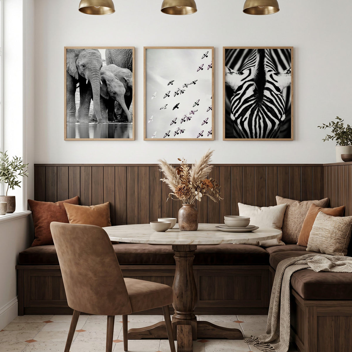 Zebra wall art Black & White Wildlife wall art | Elephants, Birds & Zebra Stripes displayed on a wall in a styled room — view 4