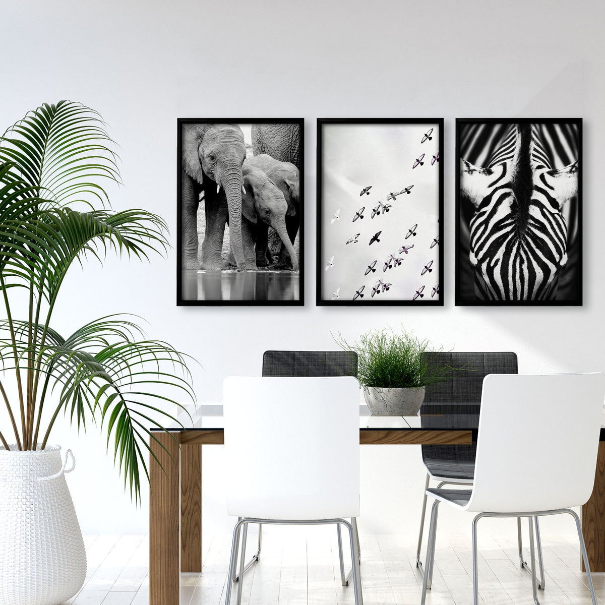 Zebra wall art Black & White Wildlife wall art | Elephants, Birds & Zebra Stripes displayed on a wall in a styled room — view 5