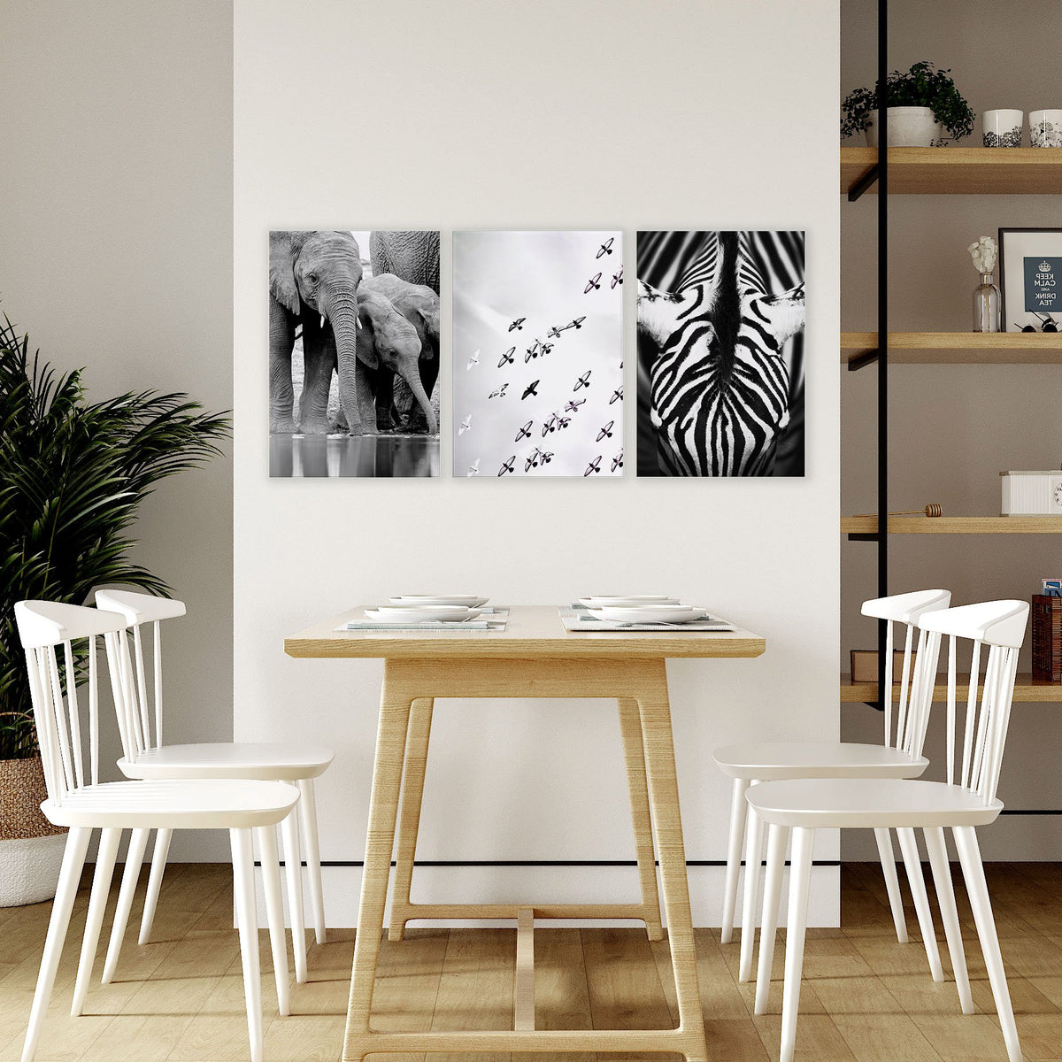 Zebra wall art Black & White Wildlife wall art | Elephants, Birds & Zebra Stripes displayed on a wall in a styled room — view 6