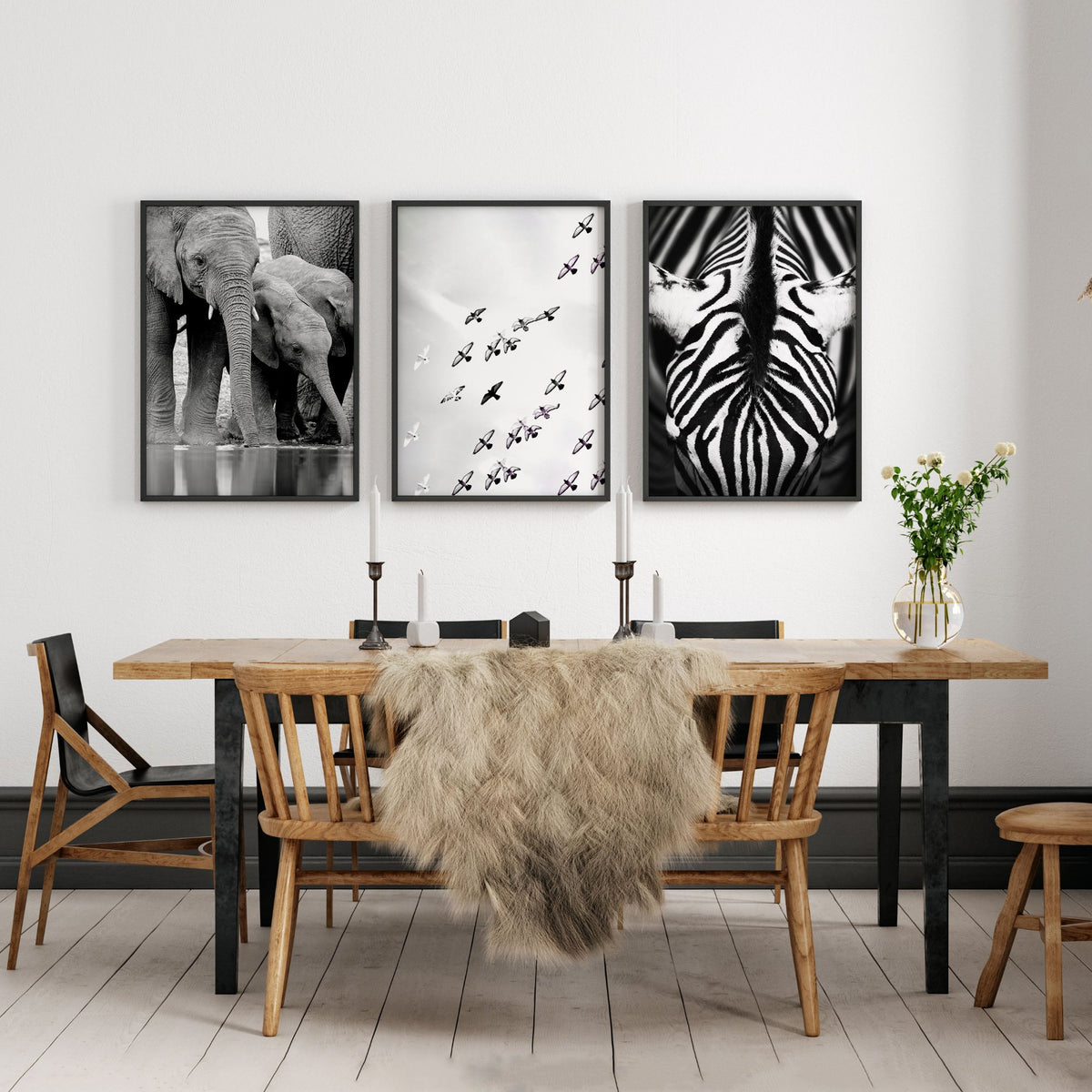 Zebra wall art Black & White Wildlife wall art | Elephants, Birds & Zebra Stripes displayed on a wall in a styled room — view 7