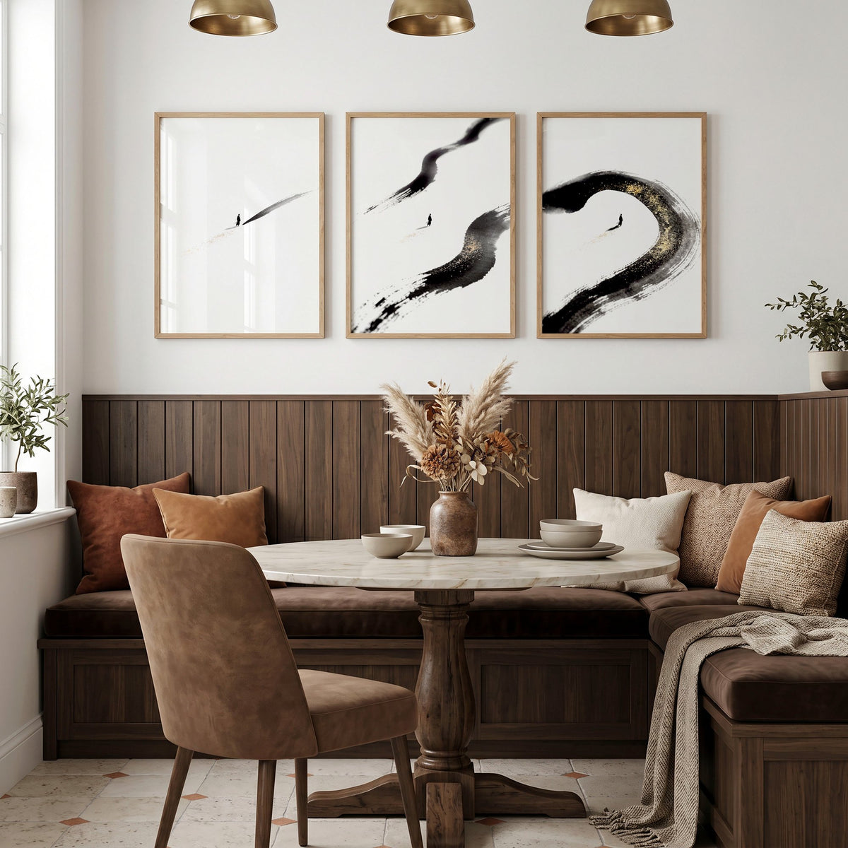 Zen Wall Decor Japandi Ink Brushstroke & Lone Figure Art wall art displayed on a wall in a styled room — view 4