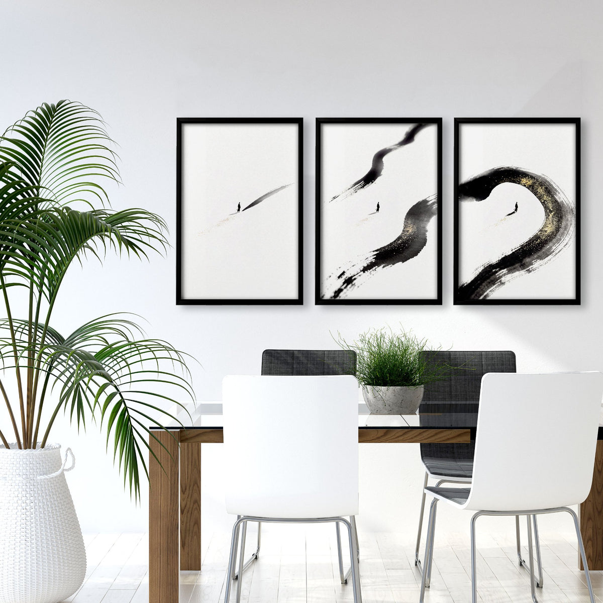 Zen Wall Decor Japandi Ink Brushstroke & Lone Figure Art wall art displayed on a wall in a styled room — view 5