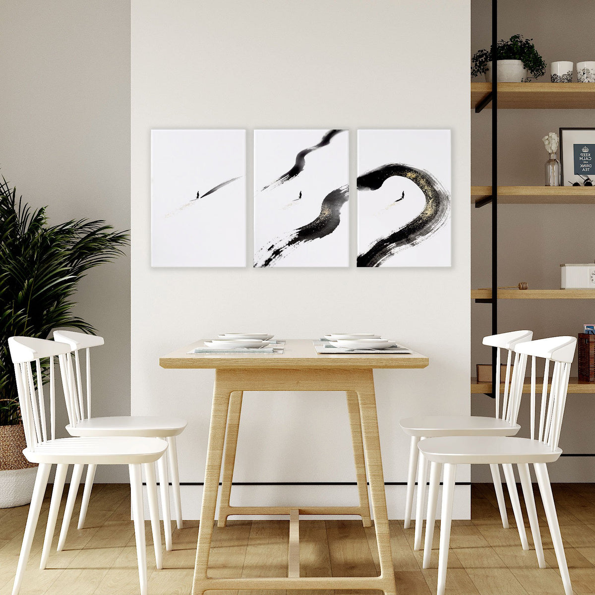 Zen Wall Decor Japandi Ink Brushstroke & Lone Figure Art wall art displayed on a wall in a styled room — view 6