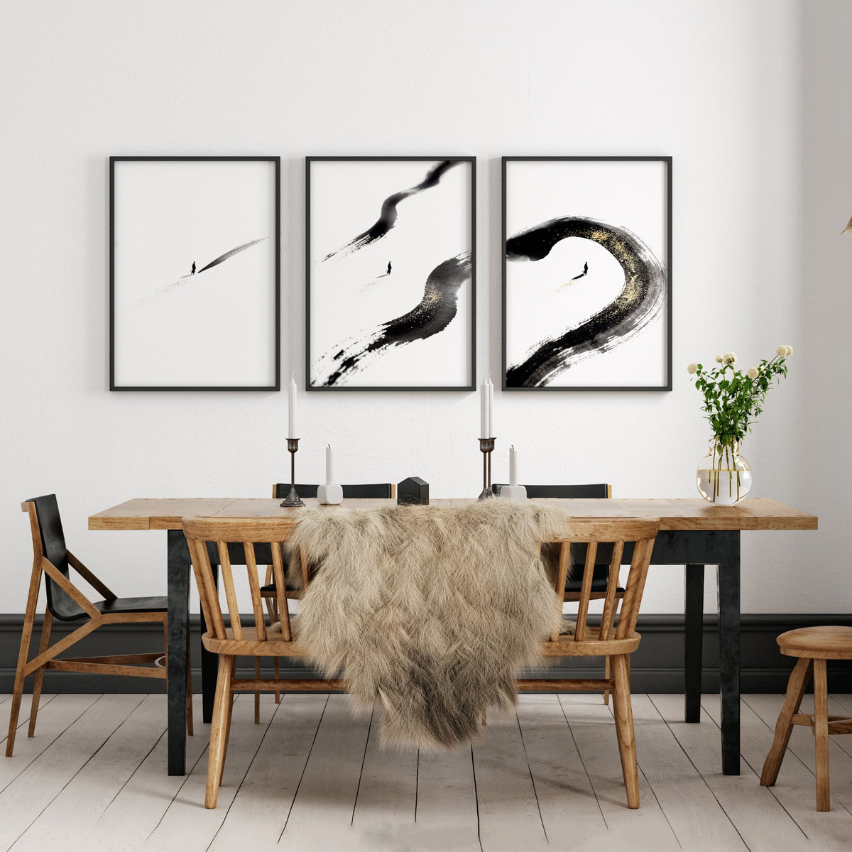 Zen Wall Decor Japandi Ink Brushstroke & Lone Figure Art wall art displayed on a wall in a styled room — view 7