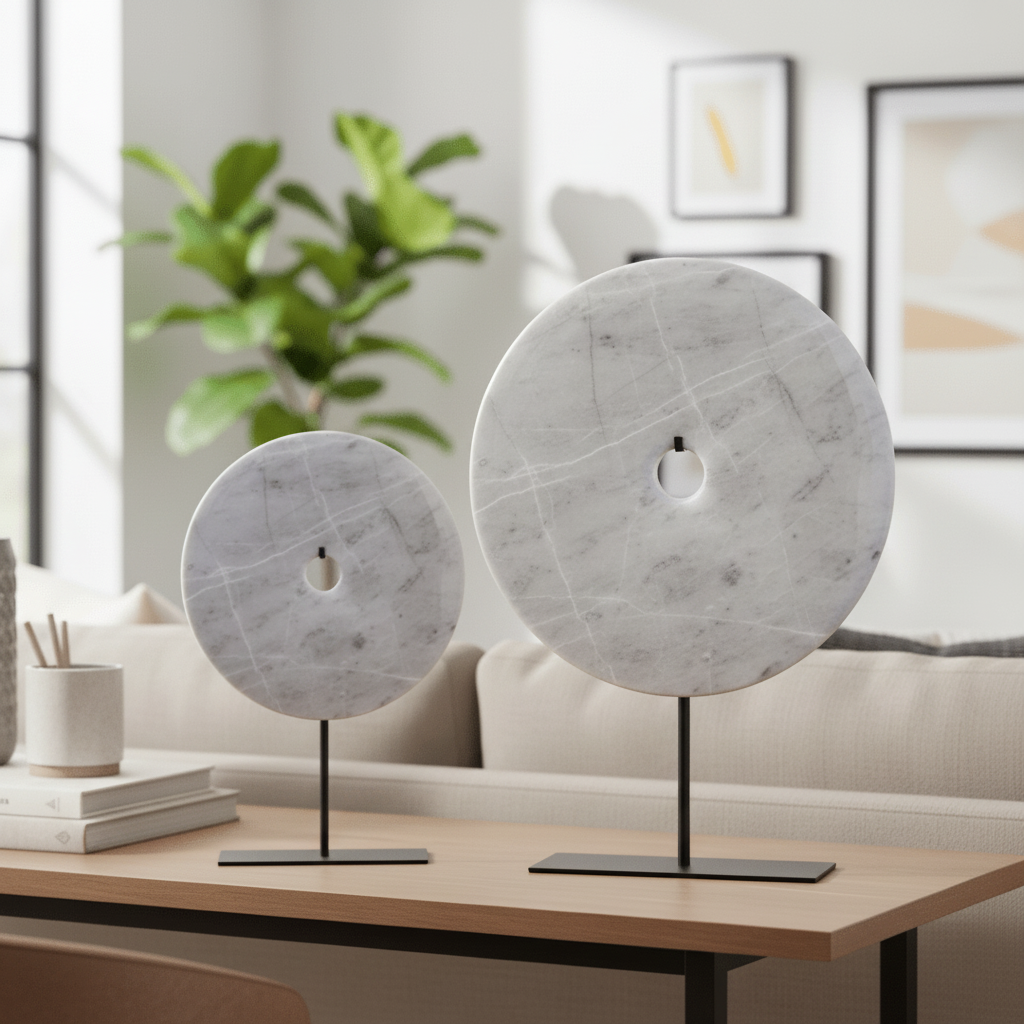 Zoro Medium Round Grey Marble Disc Sculpture