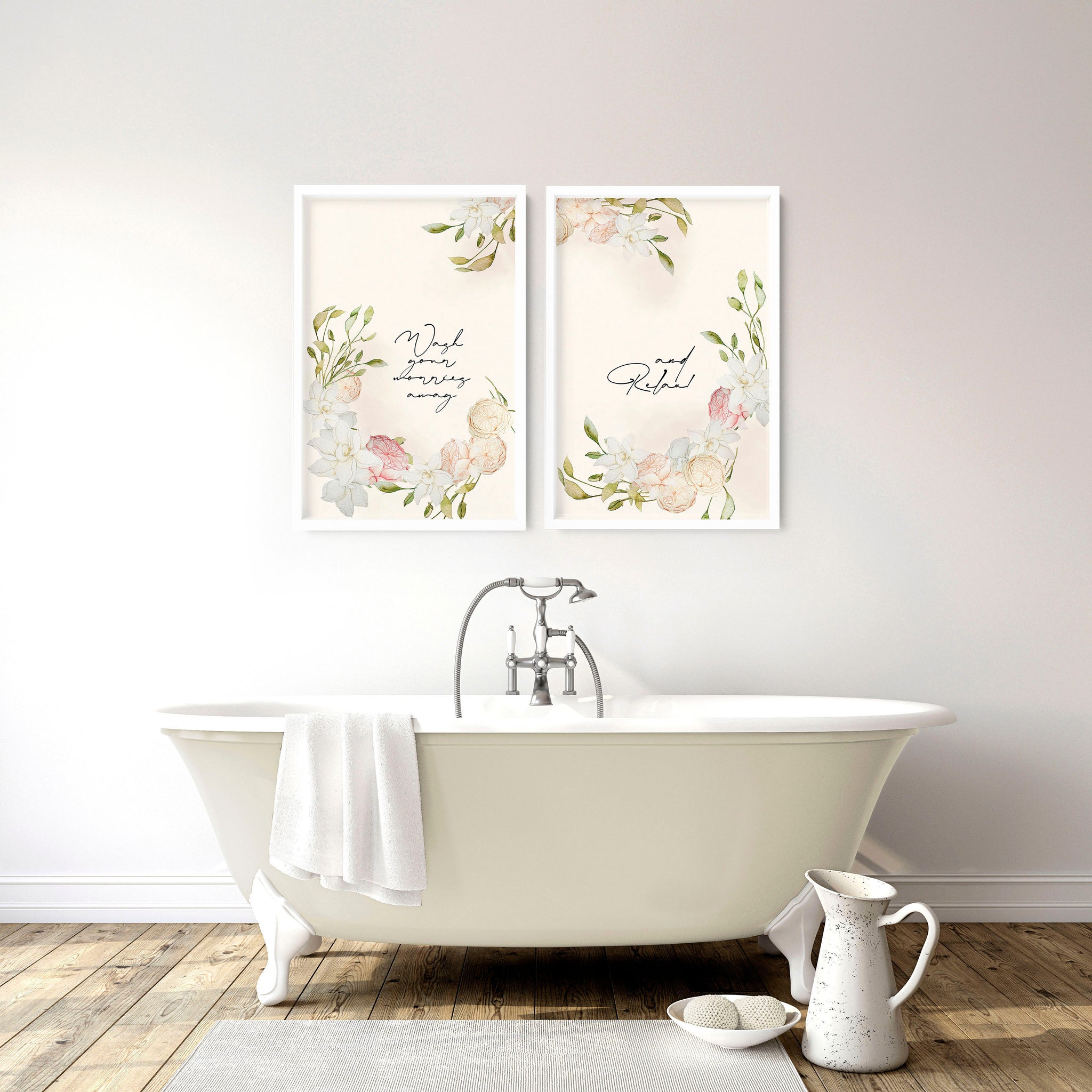Bathroom art prints | Set of 2 Pink blooms wall art