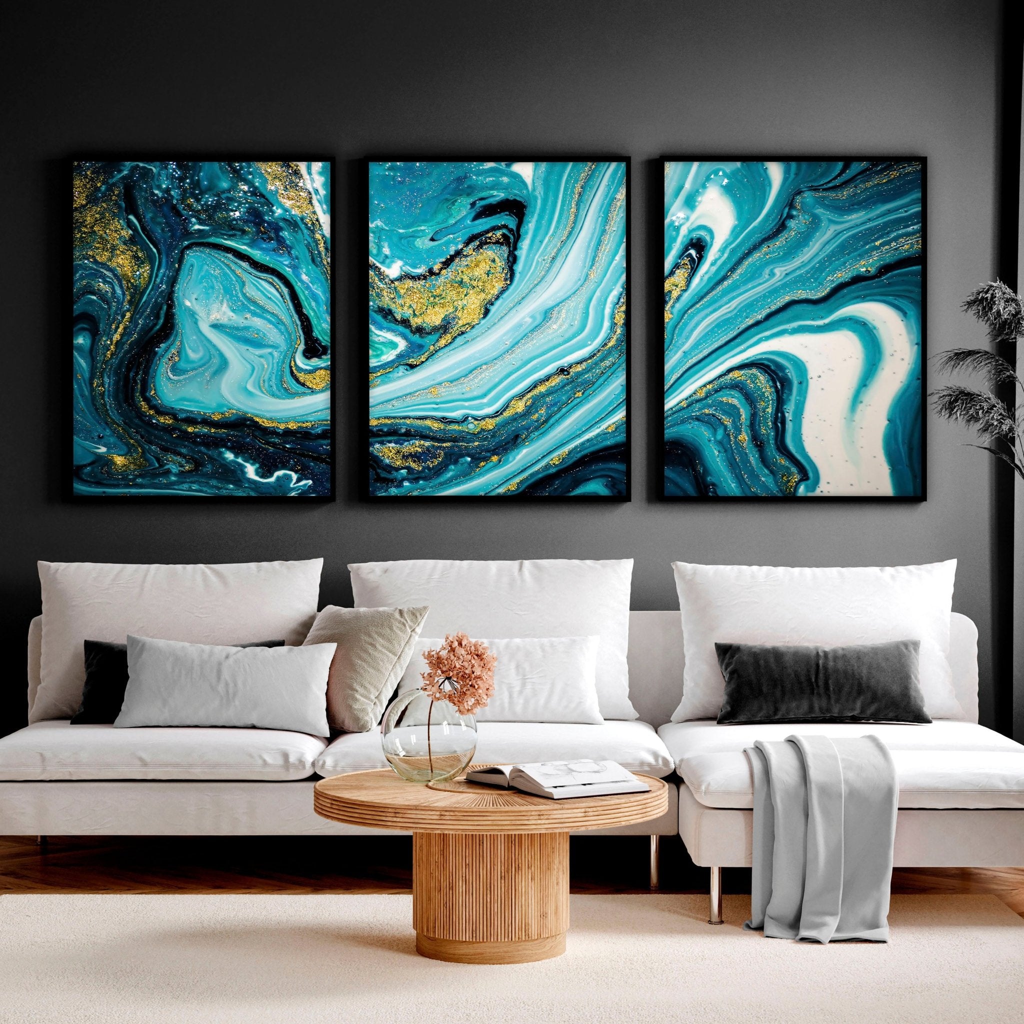 3 Panels Azure Teal Marble Canvas Print Abstract Wall Art sold Home Decor Modern Art Landscape