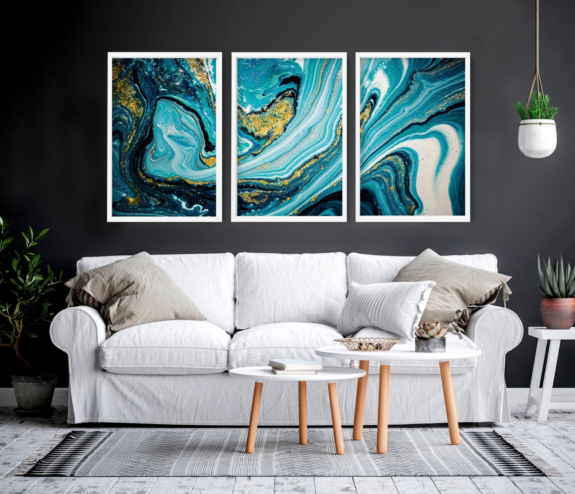 Abstract Marble Teal painting | set of 3 wall art prints - About Wall Art