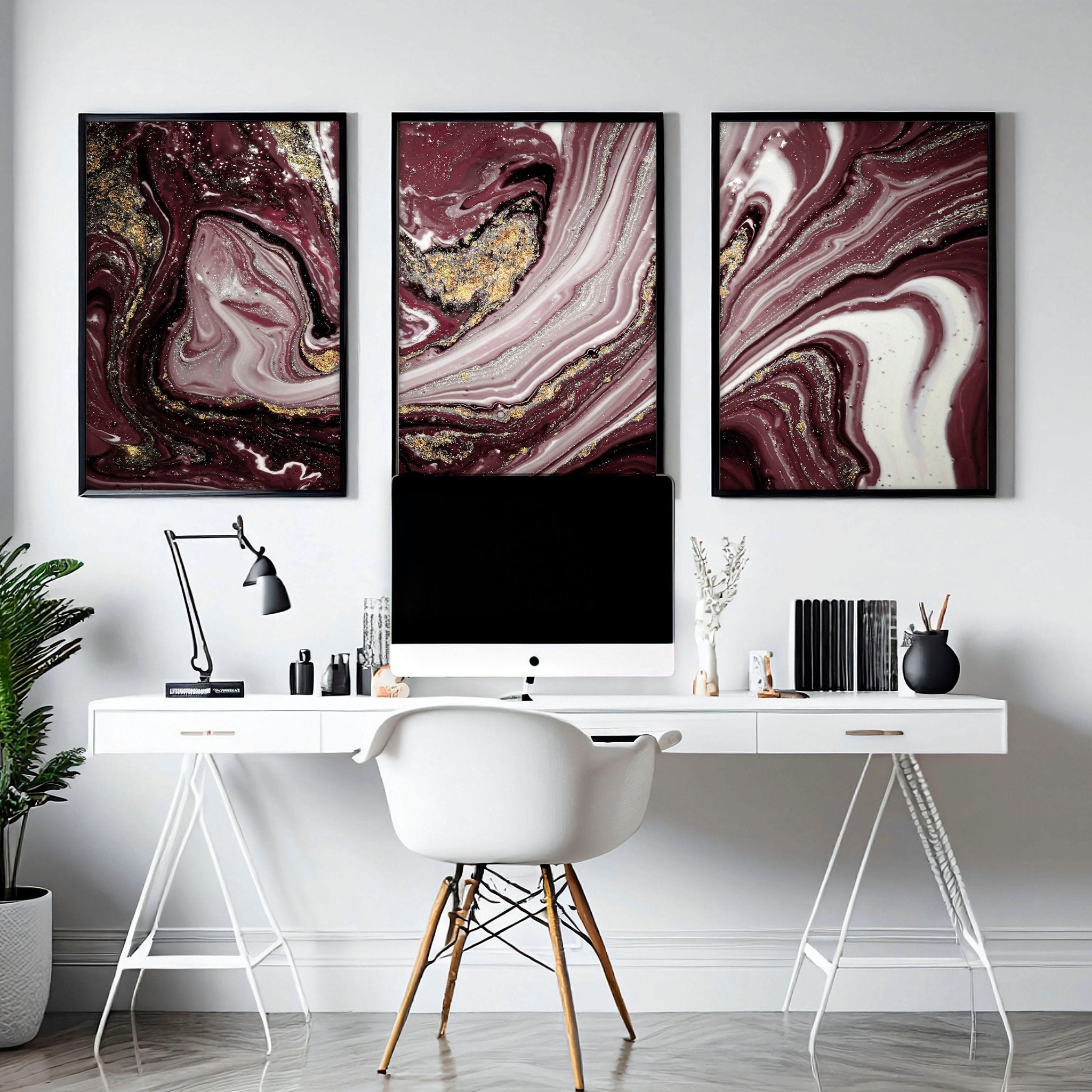 Gran conjunto de pintura abstracta de 3 impresiones de arte de pared enmarcadas para un escritorio de oficina de oro rosa mínimo Decoración para mujeres, conjunto de arte de pared de galería mínima