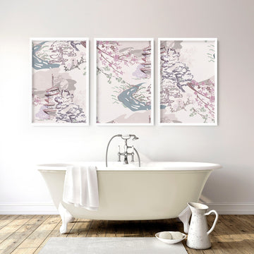 Juego enmarcado de moda Shabby Chic de 3 impresiones de arte de pared para el baño de decoración del hogar, impresiones de pared de Greenery de acuarela rosa para decoración de pared de baño Spa