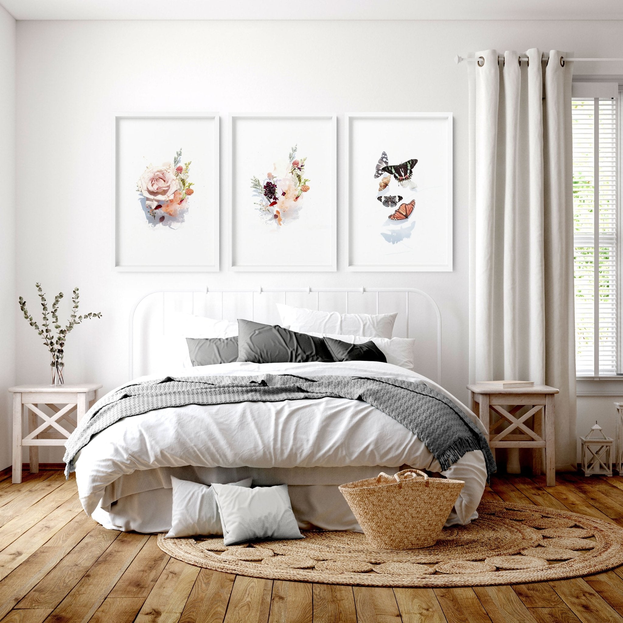 Shabby Chic Sobre la cama Decoración enmarcada Juego de impresión de arte de pared de 3 piezas para dormitorio, Trendy Cottage core Designer Wall Art impresiones para decoración de apartamento