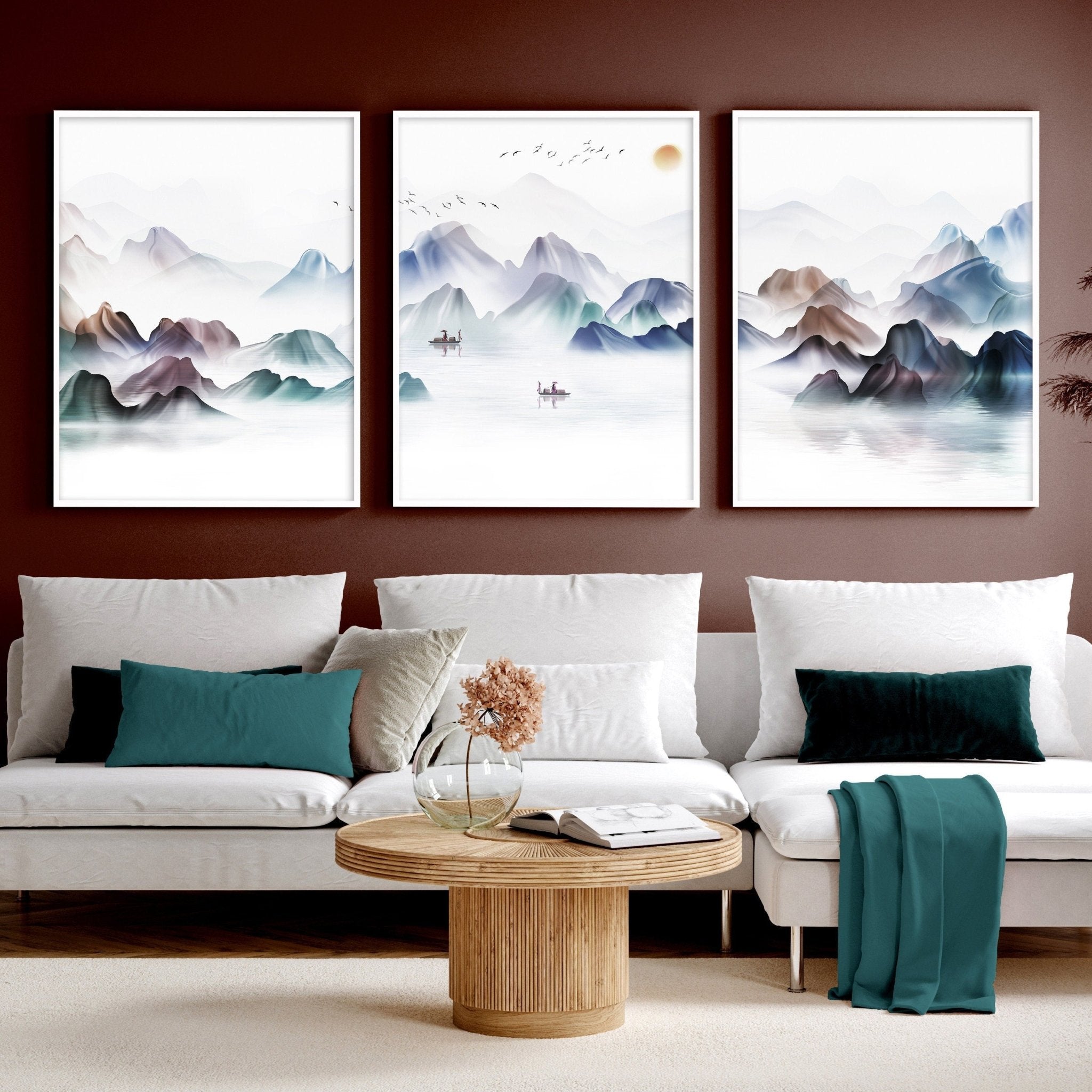Japandi wall art decor enmarcado 3 piezas wall art set ilustraciones para una sala de estar zen, Teal Large relajante Asian Designer Japan poster art prints