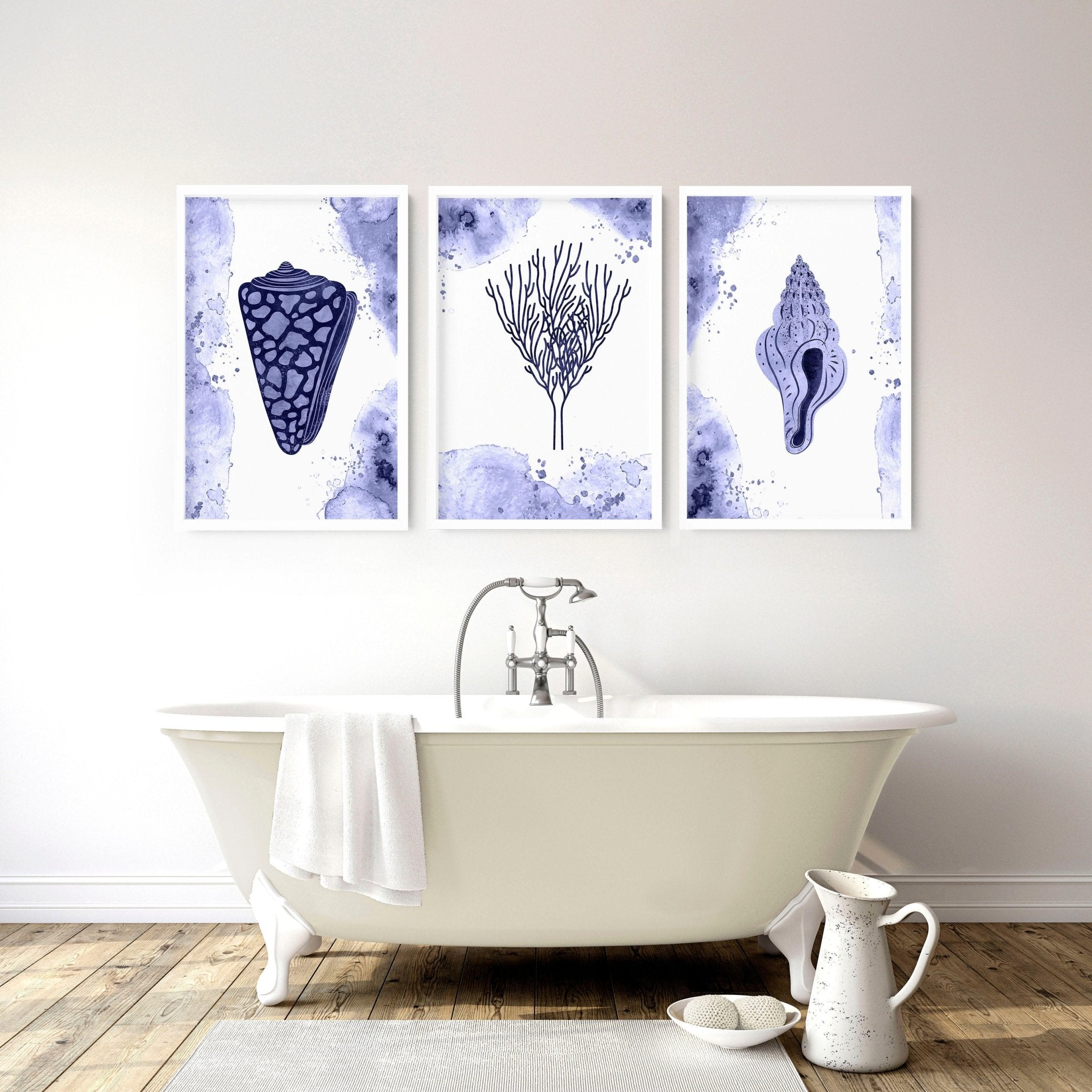Bathroom decor blue | set of 3 wall art prints