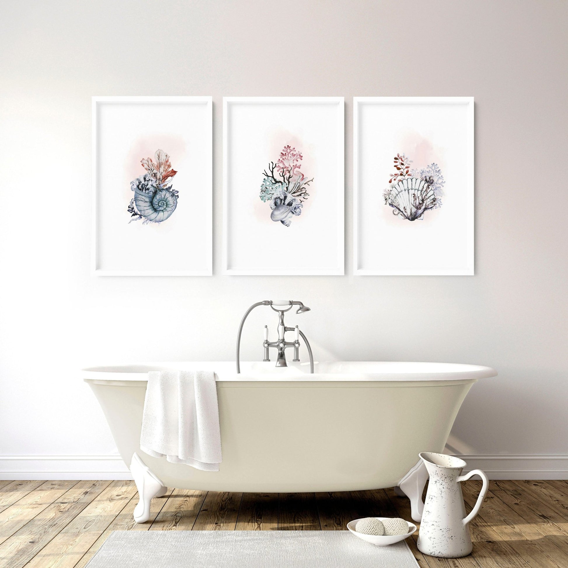 Beach theme bathroom decor | set of 3 wall art prints