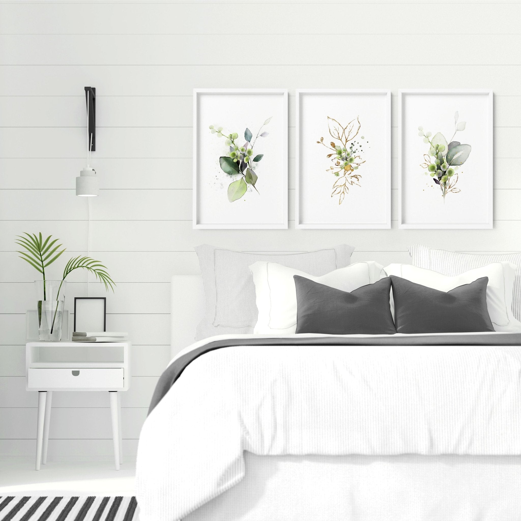 Sobre la decoración de la cama Botanical Watercolour Greenery enmarcado Juego de impresión de arte de pared de 3 piezas para dormitorio, Farmhouse Designer Wall Art para Apartment Decor