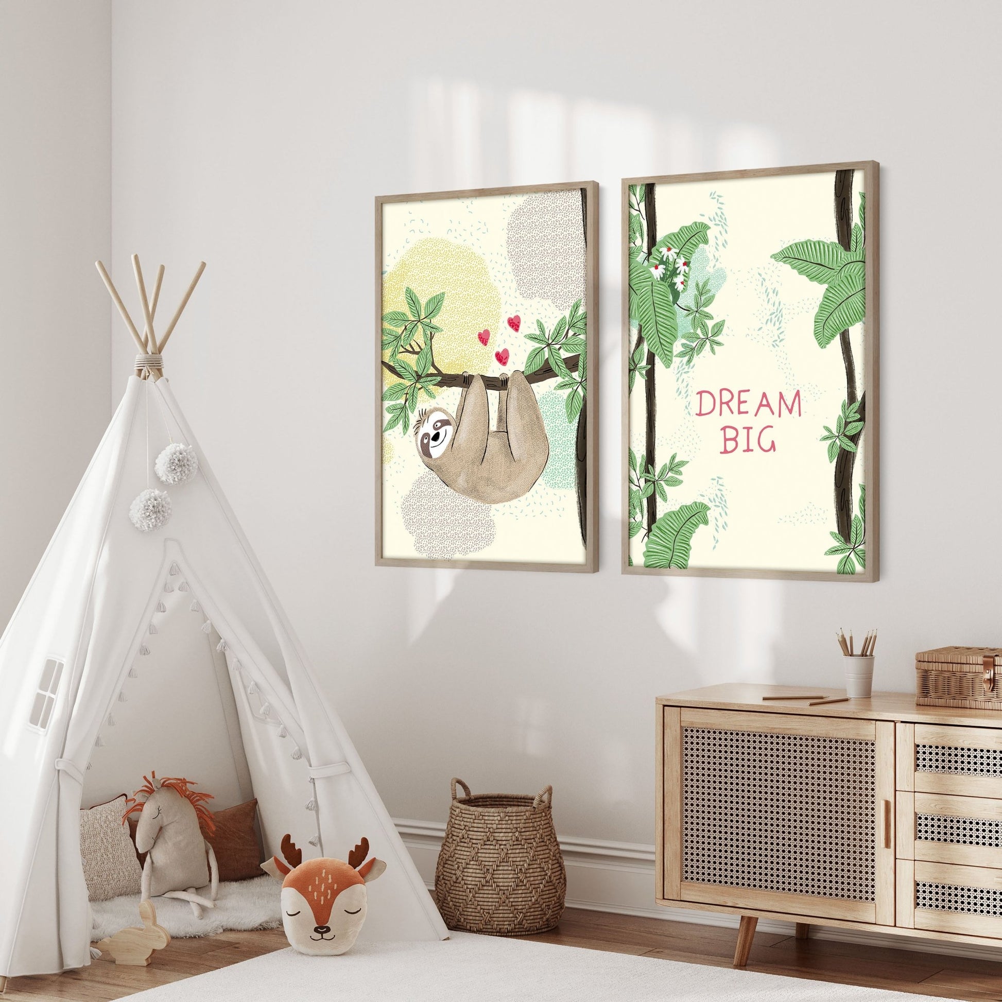 Bedroom jungle wall art for nursery | set of 2 Sloths art prints