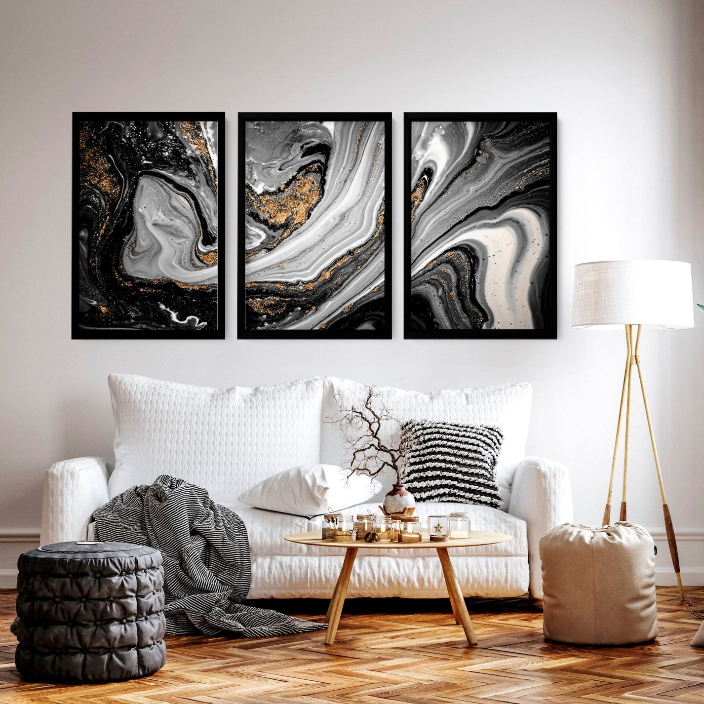 Abstract large wall art set of 3 Black and Gold prints About Wall Art