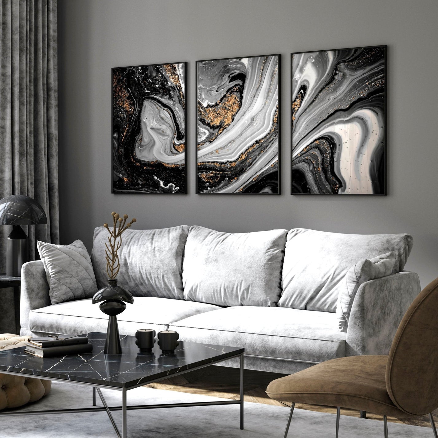 Abstract large wall art set of 3 Black and Gold prints About Wall Art