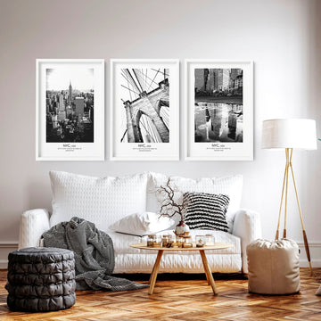 A Scandi living room styled with a black and white wall art set of 3 featuring New York City landmarks