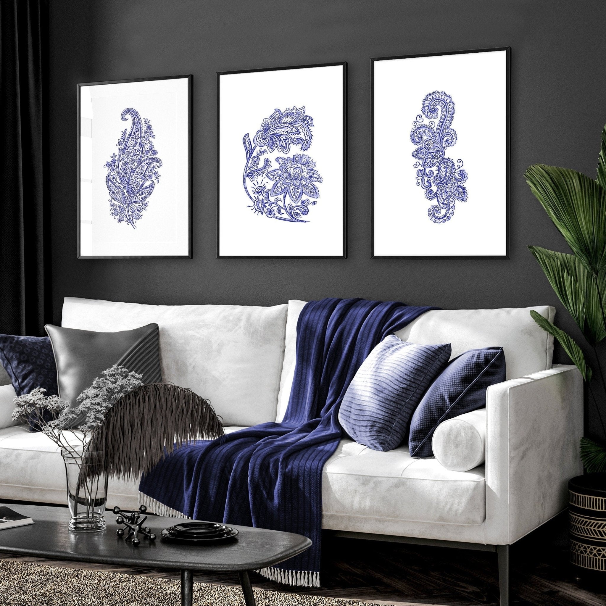 Blue Bohemian style boho living room decor | set of 3 wall art prints